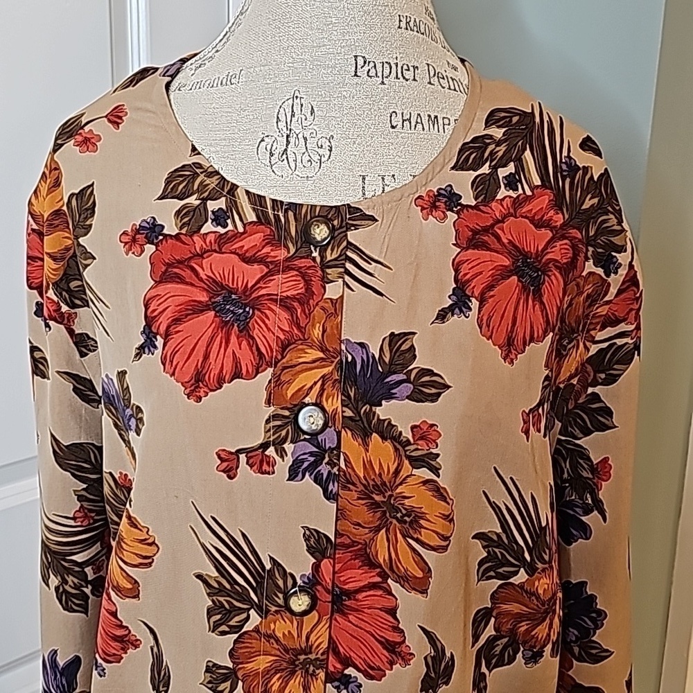 Studio 3000 Vintage Beige & Orange Floral Silk Button-Down Jacket - Size 3X - Picture 4 of 9